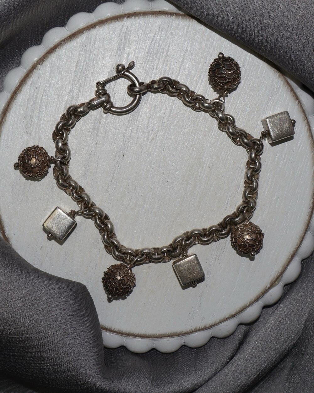 Vintage 925 Square & Textured Spherical Charm Bracelet 26.58G / 7.5in